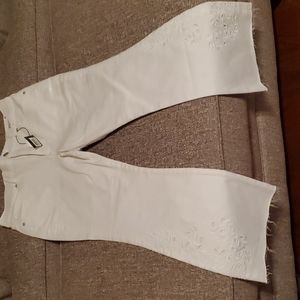 White stretch crop white denim with embroidery